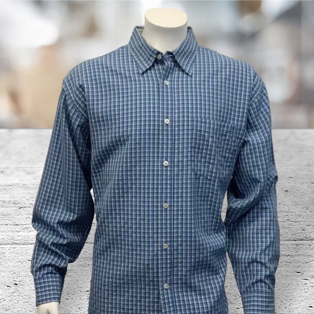 Bugatchi Uomo Blue Green Checkered Long Sleeve Button Front Shirt Men’s Size XL